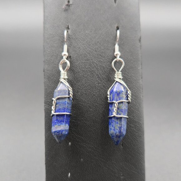 Silver Plated Lapis Lazuli Stone Handmade Wire Earrings A6317 - Picture 1 of 5